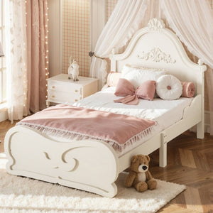 English Elm Twin Vintage Carved Pine Platform Bed Low Profile Frame for Kids and Teens Beige W5305P515344