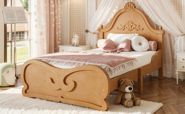 English Elm Twin Vintage Carved Pine Platform Bed Low Profile Frame for Kids and Teens Natural W5305P515345