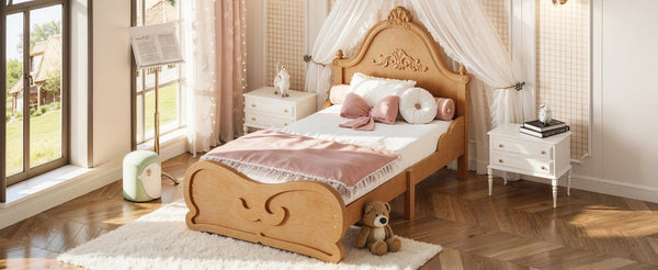 English Elm Twin Vintage Carved Pine Platform Bed Low Profile Frame for Kids and Teens Natural W5305P515345