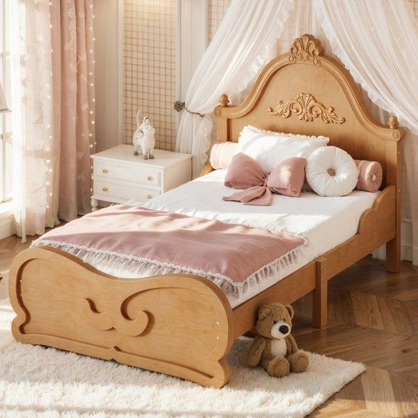 English Elm Twin Vintage Carved Pine Platform Bed Low Profile Frame for Kids and Teens Natural W5305P515345