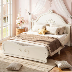 English Elm Full Vintage Pine Platform Bed Carved Headboard Low Profile Frame for Kids Room Beige W5305P515347