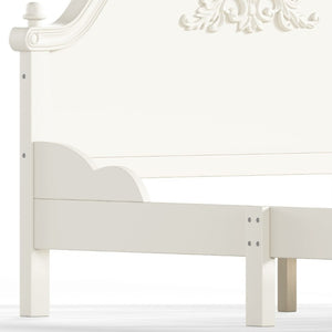English Elm Full Vintage Pine Platform Bed Carved Headboard Low Profile Frame for Kids Room Beige W5305P515347