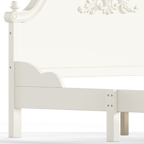 English Elm Full Vintage Pine Platform Bed Carved Headboard Low Profile Frame for Kids Room Beige W5305P515347
