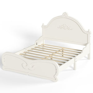 English Elm Full Vintage Pine Platform Bed Carved Headboard Low Profile Frame for Kids Room Beige W5305P515347