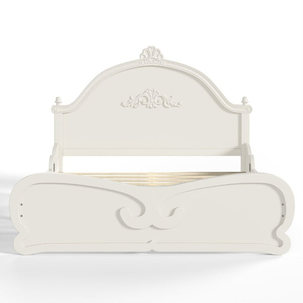 English Elm Full Vintage Pine Platform Bed Carved Headboard Low Profile Frame for Kids Room Beige W5305P515347