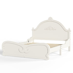 English Elm Full Vintage Pine Platform Bed Carved Headboard Low Profile Frame for Kids Room Beige W5305P515347