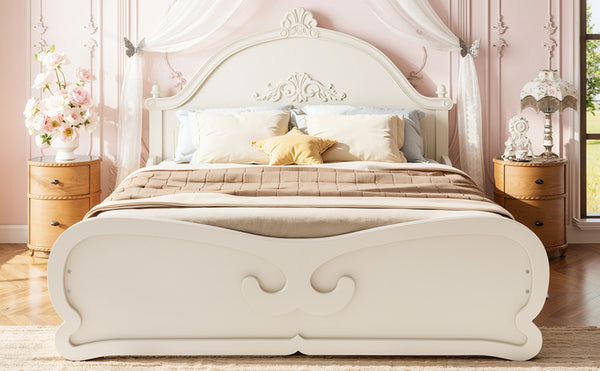 English Elm Full Vintage Pine Platform Bed Carved Headboard Low Profile Frame for Kids Room Beige W5305P515347