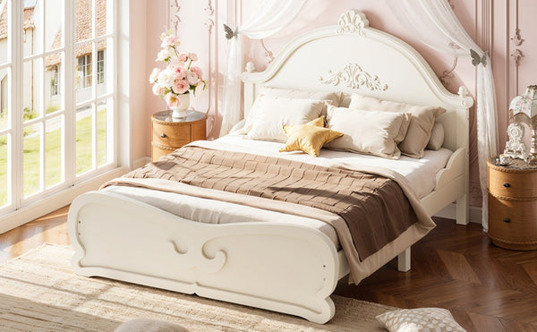 English Elm Full Vintage Pine Platform Bed Carved Headboard Low Profile Frame for Kids Room Beige W5305P515347