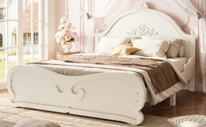 English Elm Full Vintage Pine Platform Bed Carved Headboard Low Profile Frame for Kids Room Beige W5305P515347