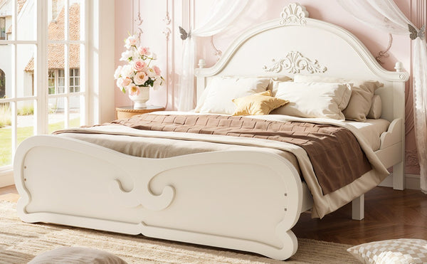 English Elm Full Vintage Pine Platform Bed Carved Headboard Low Profile Frame for Kids Room Beige W5305P515347
