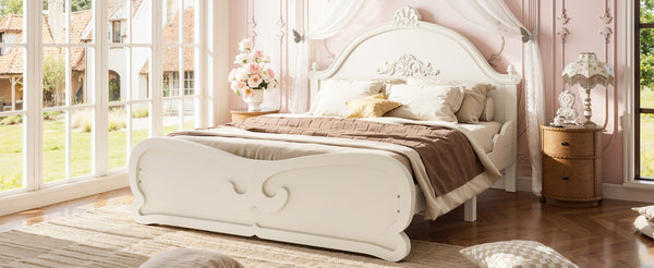 English Elm Full Vintage Pine Platform Bed Carved Headboard Low Profile Frame for Kids Room Beige W5305P515347