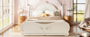 English Elm Full Vintage Pine Platform Bed Carved Headboard Low Profile Frame for Kids Room Beige W5305P515347