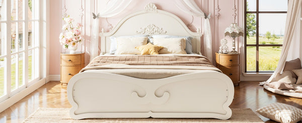 English Elm Full Vintage Pine Platform Bed Carved Headboard Low Profile Frame for Kids Room Beige W5305P515347