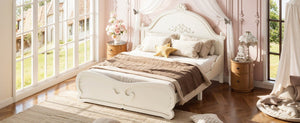 English Elm Full Vintage Pine Platform Bed Carved Headboard Low Profile Frame for Kids Room Beige W5305P515347
