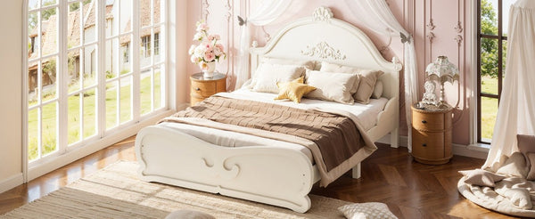 English Elm Full Vintage Pine Platform Bed Carved Headboard Low Profile Frame for Kids Room Beige W5305P515347