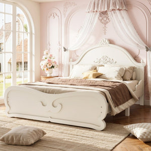English Elm Full Vintage Pine Platform Bed Carved Headboard Low Profile Frame for Kids Room Beige W5305P515347