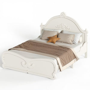 English Elm Full Vintage Pine Platform Bed Carved Headboard Low Profile Frame for Kids Room Beige W5305P515347