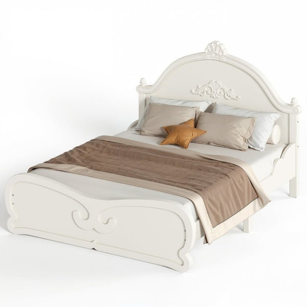 English Elm Full Vintage Pine Platform Bed Carved Headboard Low Profile Frame for Kids Room Beige W5305P515347