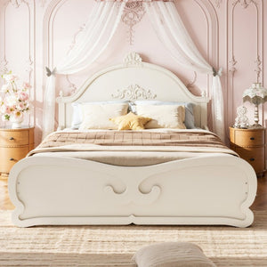 English Elm Full Vintage Pine Platform Bed Carved Headboard Low Profile Frame for Kids Room Beige W5305P515347