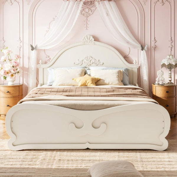 English Elm Full Vintage Pine Platform Bed Carved Headboard Low Profile Frame for Kids Room Beige W5305P515347