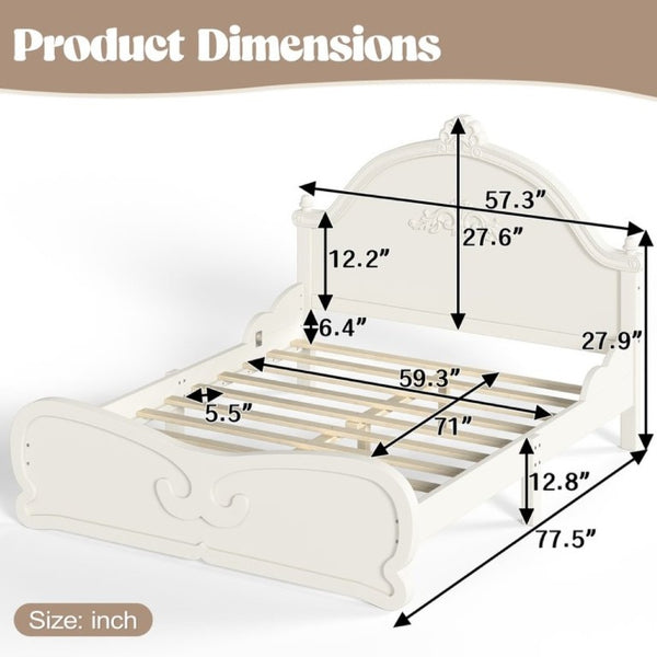 English Elm Full Vintage Pine Platform Bed Carved Headboard Low Profile Frame for Kids Room Beige W5305P515347