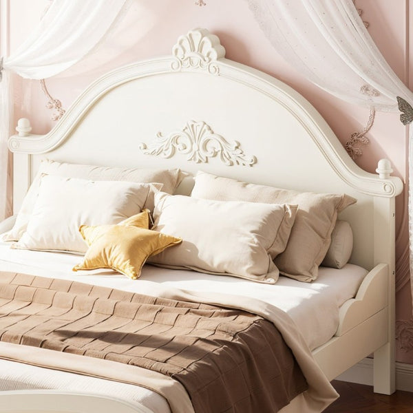 English Elm Full Vintage Pine Platform Bed Carved Headboard Low Profile Frame for Kids Room Beige W5305P515347