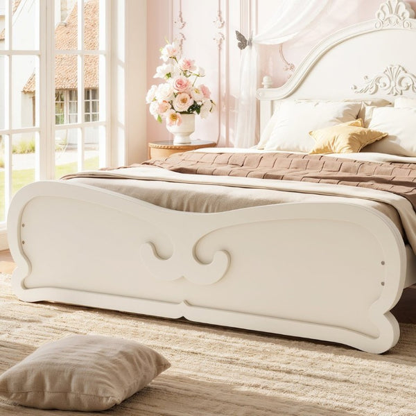 English Elm Full Vintage Pine Platform Bed Carved Headboard Low Profile Frame for Kids Room Beige W5305P515347