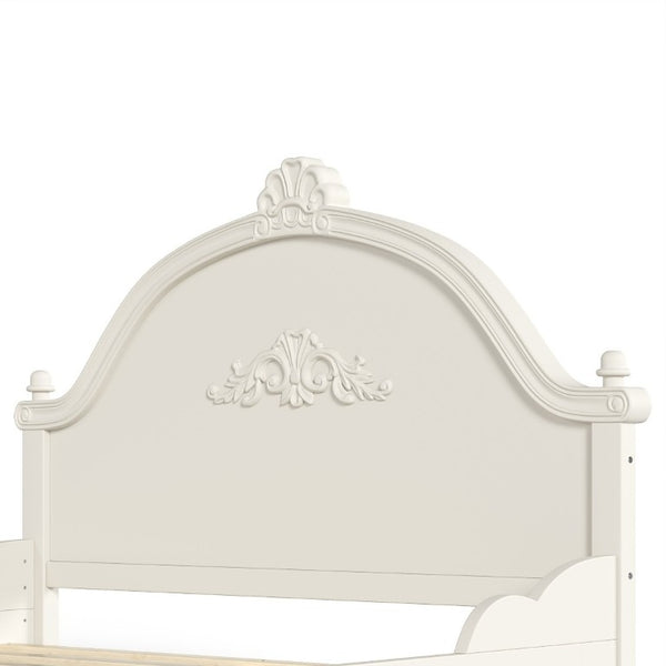 English Elm Full Vintage Pine Platform Bed Carved Headboard Low Profile Frame for Kids Room Beige W5305P515347