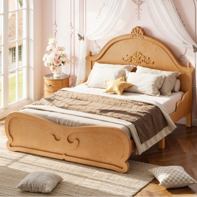 English Elm Full Vintage Pine Platform Bed Carved Headboard Low Profile Frame for Kids Room Natural W5305P515348