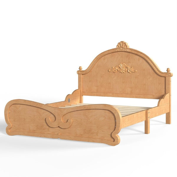 English Elm Full Vintage Pine Platform Bed Carved Headboard Low Profile Frame for Kids Room Natural W5305P515348