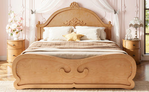 English Elm Full Vintage Pine Platform Bed Carved Headboard Low Profile Frame for Kids Room Natural W5305P515348