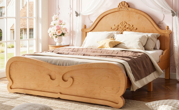 English Elm Full Vintage Pine Platform Bed Carved Headboard Low Profile Frame for Kids Room Natural W5305P515348