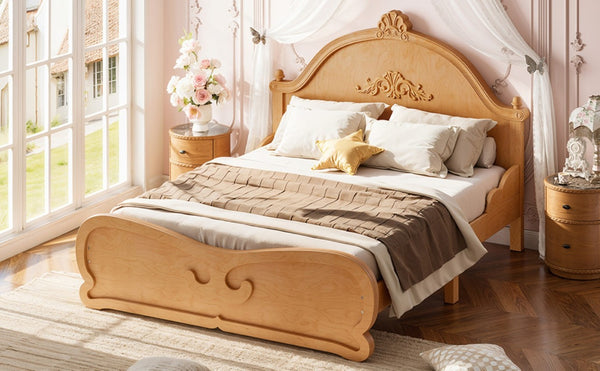 English Elm Full Vintage Pine Platform Bed Carved Headboard Low Profile Frame for Kids Room Natural W5305P515348