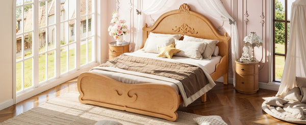 English Elm Full Vintage Pine Platform Bed Carved Headboard Low Profile Frame for Kids Room Natural W5305P515348