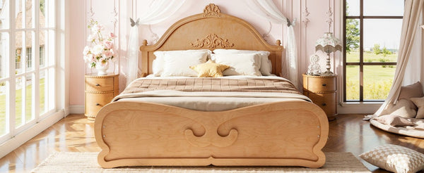 English Elm Full Vintage Pine Platform Bed Carved Headboard Low Profile Frame for Kids Room Natural W5305P515348