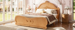 English Elm Full Vintage Pine Platform Bed Carved Headboard Low Profile Frame for Kids Room Natural W5305P515348