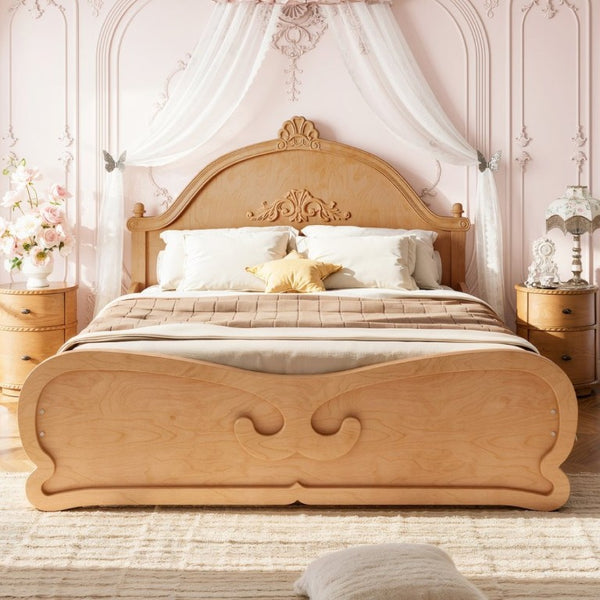 English Elm Full Vintage Pine Platform Bed Carved Headboard Low Profile Frame for Kids Room Natural W5305P515348