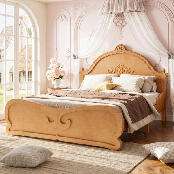 English Elm Full Vintage Pine Platform Bed Carved Headboard Low Profile Frame for Kids Room Natural W5305P515348