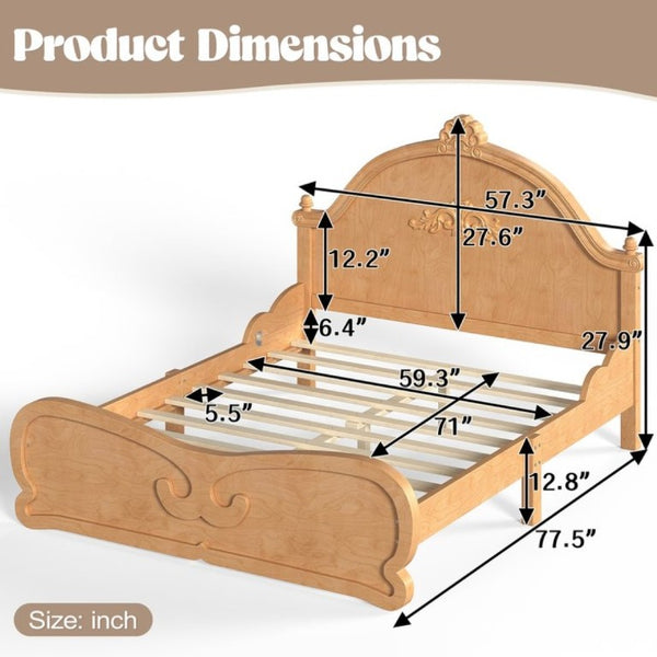 English Elm Full Vintage Pine Platform Bed Carved Headboard Low Profile Frame for Kids Room Natural W5305P515348