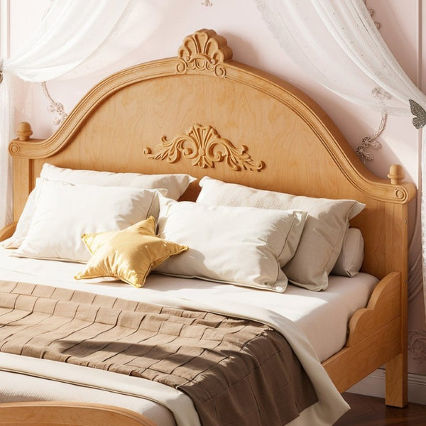 English Elm Full Vintage Pine Platform Bed Carved Headboard Low Profile Frame for Kids Room Natural W5305P515348