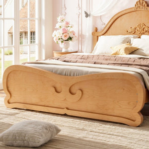 English Elm Full Vintage Pine Platform Bed Carved Headboard Low Profile Frame for Kids Room Natural W5305P515348