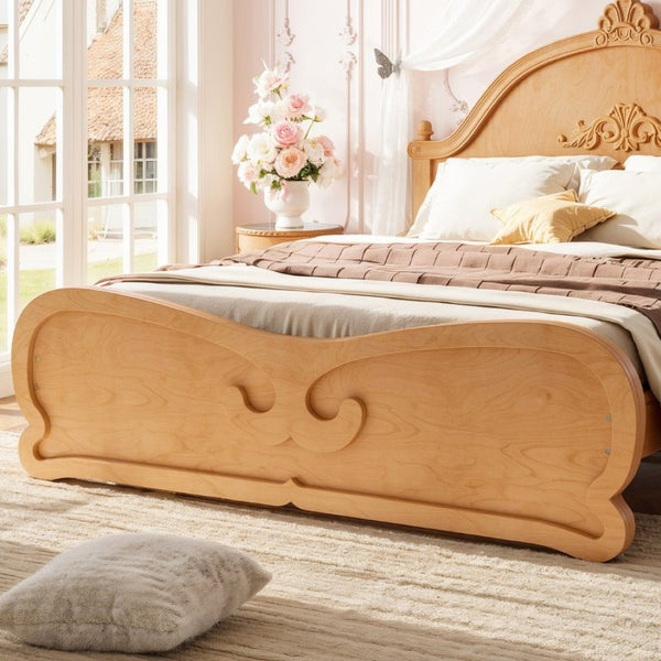 English Elm Full Vintage Pine Platform Bed Carved Headboard Low Profile Frame for Kids Room Natural W5305P515348