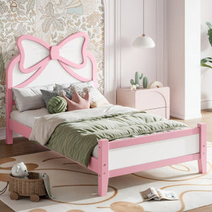 English Elm Twin Bow Headboard Platform Bed Solid Wood Low Profile Frame for Girls Bedroom White+Pink W5305P515351