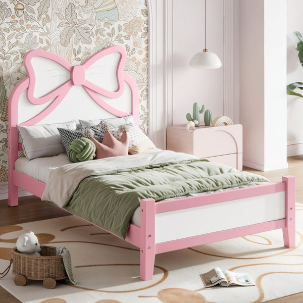 English Elm Twin Bow Headboard Platform Bed Solid Wood Low Profile Frame for Girls Bedroom White+Pink W5305P515351