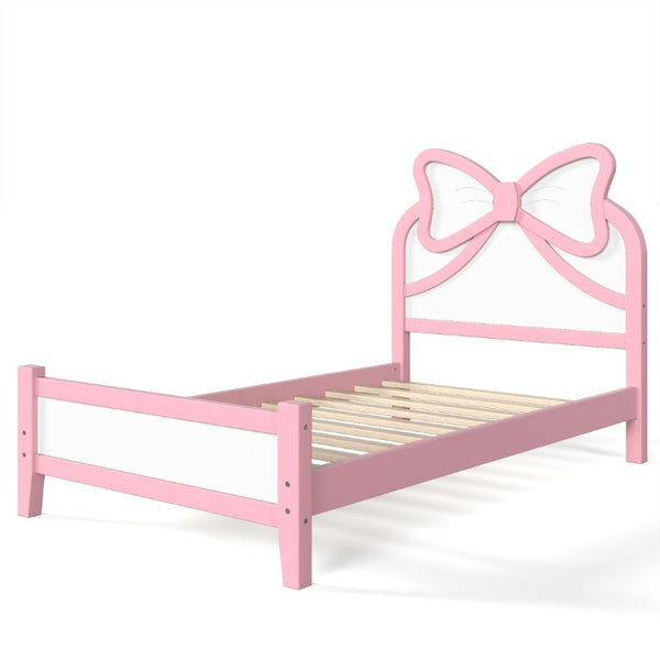 English Elm Twin Bow Headboard Platform Bed Solid Wood Low Profile Frame for Girls Bedroom White+Pink W5305P515351