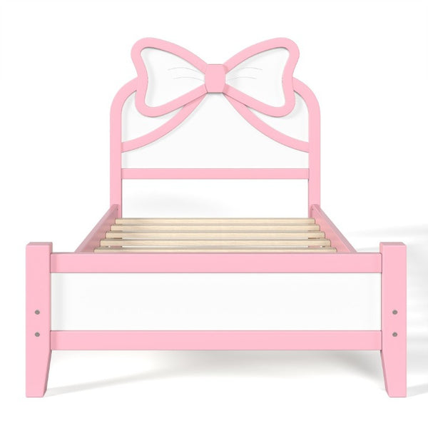 English Elm Twin Bow Headboard Platform Bed Solid Wood Low Profile Frame for Girls Bedroom White+Pink W5305P515351