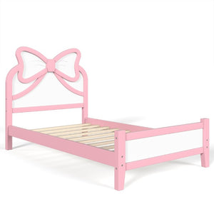 English Elm Twin Bow Headboard Platform Bed Solid Wood Low Profile Frame for Girls Bedroom White+Pink W5305P515351