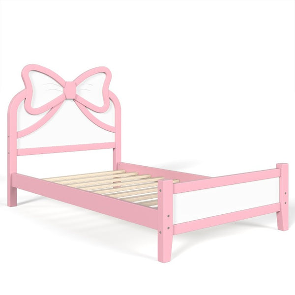 English Elm Twin Bow Headboard Platform Bed Solid Wood Low Profile Frame for Girls Bedroom White+Pink W5305P515351