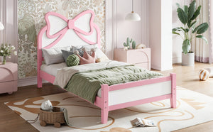 English Elm Twin Bow Headboard Platform Bed Solid Wood Low Profile Frame for Girls Bedroom White+Pink W5305P515351
