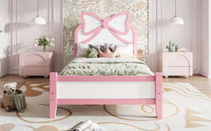 English Elm Twin Bow Headboard Platform Bed Solid Wood Low Profile Frame for Girls Bedroom White+Pink W5305P515351